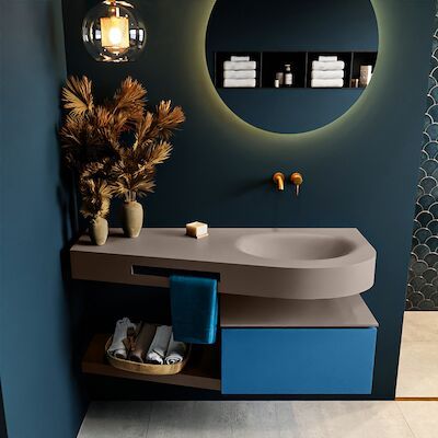 MONDIAZ RIVA 120cm badmeubel onderkast / planchet kleur Jeans met 1 lade. Wastafel DULCET rechts 0 kraangaten kleur Smoke.