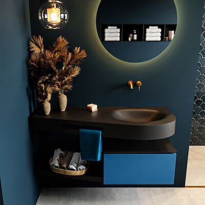 MONDIAZ RIVA 120cm badmeubel onderkast / planchet kleur Jeans met 1 lade. Wastafel DULCET rechts 0 kraangaten kleur Urban.