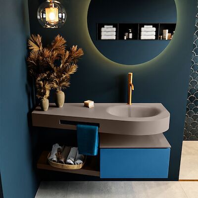 MONDIAZ RIVA 120cm badmeubel onderkast / planchet kleur Jeans met 1 lade. Wastafel DULCET rechts 1 kraangat kleur Smoke.