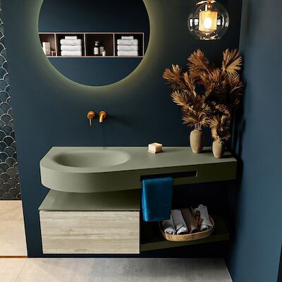MONDIAZ RIVA 120cm badmeubel onderkast / planchet kleur Light_Brown_Grey met 1 lade. Wastafel DULCET links 0 kraangaten kleur Army.