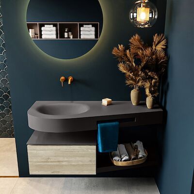 MONDIAZ RIVA 120cm badmeubel onderkast / planchet kleur Light_Brown_Grey met 1 lade. Wastafel DULCET links 0 kraangaten kleur Dark_Grey.