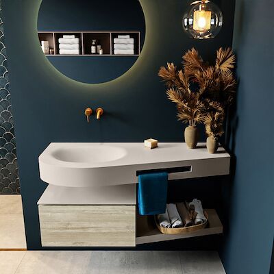 MONDIAZ RIVA 120cm badmeubel onderkast / planchet kleur Light_Brown_Grey met 1 lade. Wastafel DULCET links 0 kraangaten kleur Linen.
