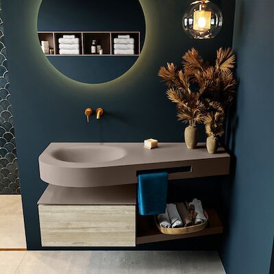 MONDIAZ RIVA 120cm badmeubel onderkast / planchet kleur Light_Brown_Grey met 1 lade. Wastafel DULCET links 0 kraangaten kleur Smoke.