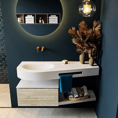 MONDIAZ RIVA 120cm badmeubel onderkast / planchet kleur Light_Brown_Grey met 1 lade. Wastafel DULCET links 0 kraangaten kleur Talc.