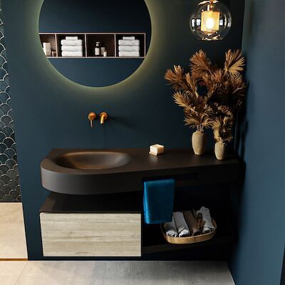 MONDIAZ RIVA 120cm badmeubel onderkast / planchet kleur Light_Brown_Grey met 1 lade. Wastafel DULCET links 0 kraangaten kleur Urban.