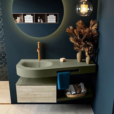 MONDIAZ RIVA 120cm badmeubel onderkast / planchet kleur Light_Brown_Grey met 1 lade. Wastafel DULCET links 1 kraangat kleur Army.