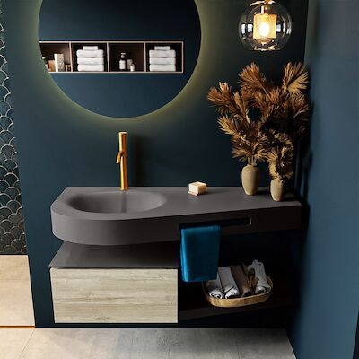 MONDIAZ RIVA 120cm badmeubel onderkast / planchet kleur Light_Brown_Grey met 1 lade. Wastafel DULCET links 1 kraangat kleur Dark_Grey.