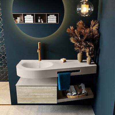 MONDIAZ RIVA 120cm badmeubel onderkast / planchet kleur Light_Brown_Grey met 1 lade. Wastafel DULCET links 1 kraangat kleur Linen.