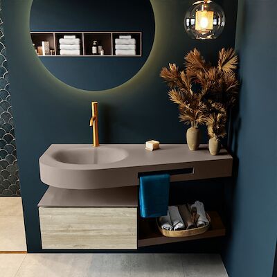MONDIAZ RIVA 120cm badmeubel onderkast / planchet kleur Light_Brown_Grey met 1 lade. Wastafel DULCET links 1 kraangat kleur Smoke.