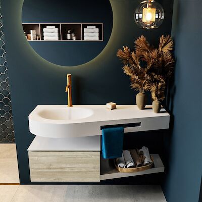 MONDIAZ RIVA 120cm badmeubel onderkast / planchet kleur Light_Brown_Grey met 1 lade. Wastafel DULCET links 1 kraangat kleur Talc.