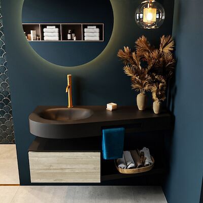 MONDIAZ RIVA 120cm badmeubel onderkast / planchet kleur Light_Brown_Grey met 1 lade. Wastafel DULCET links 1 kraangat kleur Urban.