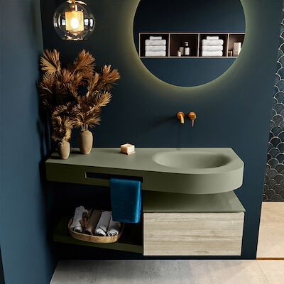 MONDIAZ RIVA 120cm badmeubel onderkast / planchet kleur Light_Brown_Grey met 1 lade. Wastafel DULCET rechts 0 kraangaten kleur Army.