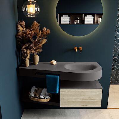 MONDIAZ RIVA 120cm badmeubel onderkast / planchet kleur Light_Brown_Grey met 1 lade. Wastafel DULCET rechts 0 kraangaten kleur Dark_Grey.