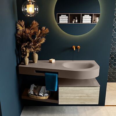 MONDIAZ RIVA 120cm badmeubel onderkast / planchet kleur Light_Brown_Grey met 1 lade. Wastafel DULCET rechts 0 kraangaten kleur Smoke.