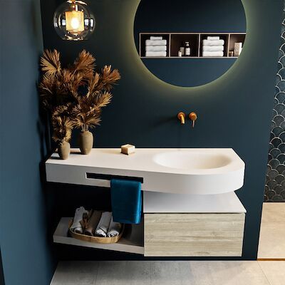 MONDIAZ RIVA 120cm badmeubel onderkast / planchet kleur Light_Brown_Grey met 1 lade. Wastafel DULCET rechts 0 kraangaten kleur Talc.