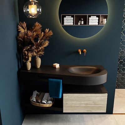 MONDIAZ RIVA 120cm badmeubel onderkast / planchet kleur Light_Brown_Grey met 1 lade. Wastafel DULCET rechts 0 kraangaten kleur Urban.