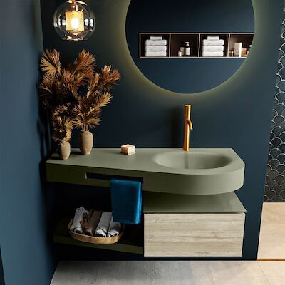 MONDIAZ RIVA 120cm badmeubel onderkast / planchet kleur Light_Brown_Grey met 1 lade. Wastafel DULCET rechts 1 kraangat kleur Army.