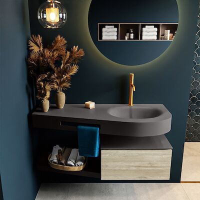 MONDIAZ RIVA 120cm badmeubel onderkast / planchet kleur Light_Brown_Grey met 1 lade. Wastafel DULCET rechts 1 kraangat kleur Dark_Grey.