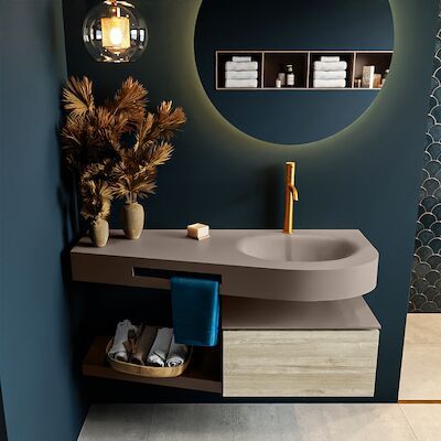 MONDIAZ RIVA 120cm badmeubel onderkast / planchet kleur Light_Brown_Grey met 1 lade. Wastafel DULCET rechts 1 kraangat kleur Smoke.