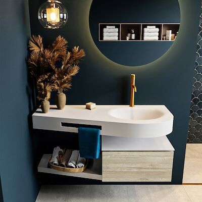 MONDIAZ RIVA 120cm badmeubel onderkast / planchet kleur Light_Brown_Grey met 1 lade. Wastafel DULCET rechts 1 kraangat kleur Talc.