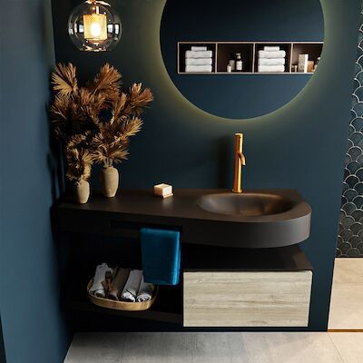 MONDIAZ RIVA 120cm badmeubel onderkast / planchet kleur Light_Brown_Grey met 1 lade. Wastafel DULCET rechts 1 kraangat kleur Urban.