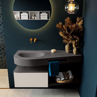MONDIAZ RIVA 120cm badmeubel onderkast / planchet kleur Linen met 1 lade. Wastafel DULCET links 0 kraangaten kleur Dark_Grey.