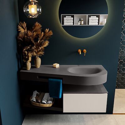 MONDIAZ RIVA 120cm badmeubel onderkast / planchet kleur Linen met 1 lade. Wastafel DULCET rechts 0 kraangaten kleur Dark_Grey.