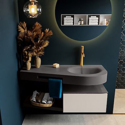 MONDIAZ RIVA 120cm badmeubel onderkast / planchet kleur Linen met 1 lade. Wastafel DULCET rechts 1 kraangat kleur Dark_Grey.