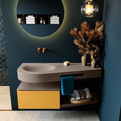 MONDIAZ RIVA 120cm badmeubel onderkast / planchet kleur Ocher met 1 lade. Wastafel DULCET links 0 kraangaten kleur Smoke.