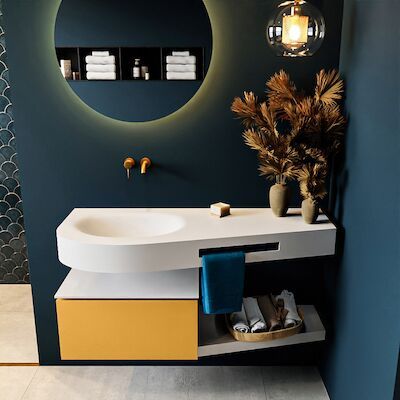 MONDIAZ RIVA 120cm badmeubel onderkast / planchet kleur Ocher met 1 lade. Wastafel DULCET links 0 kraangaten kleur Talc.