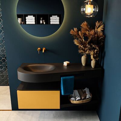 MONDIAZ RIVA 120cm badmeubel onderkast / planchet kleur Ocher met 1 lade. Wastafel DULCET links 0 kraangaten kleur Urban.