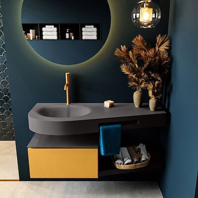 MONDIAZ RIVA 120cm badmeubel onderkast / planchet kleur Ocher met 1 lade. Wastafel DULCET links 1 kraangat kleur Dark_Grey.