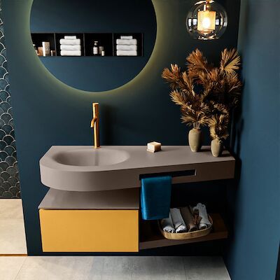 MONDIAZ RIVA 120cm badmeubel onderkast / planchet kleur Ocher met 1 lade. Wastafel DULCET links 1 kraangat kleur Smoke.