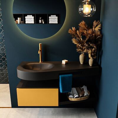 MONDIAZ RIVA 120cm badmeubel onderkast / planchet kleur Ocher met 1 lade. Wastafel DULCET links 1 kraangat kleur Urban.