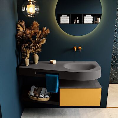 MONDIAZ RIVA 120cm badmeubel onderkast / planchet kleur Ocher met 1 lade. Wastafel DULCET rechts 0 kraangaten kleur Dark_Grey.