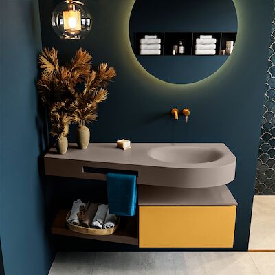 MONDIAZ RIVA 120cm badmeubel onderkast / planchet kleur Ocher met 1 lade. Wastafel DULCET rechts 0 kraangaten kleur Smoke.