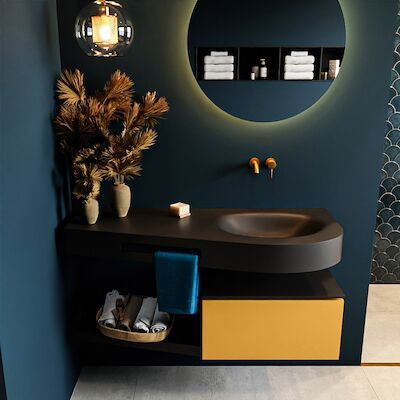 MONDIAZ RIVA 120cm badmeubel onderkast / planchet kleur Ocher met 1 lade. Wastafel DULCET rechts 0 kraangaten kleur Urban.