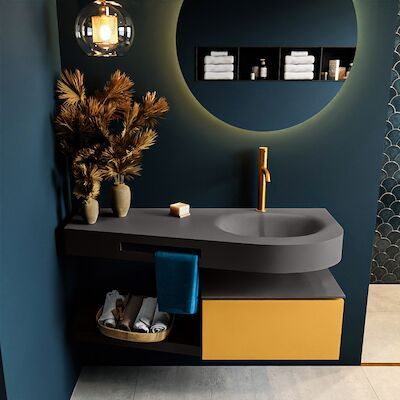 MONDIAZ RIVA 120cm badmeubel onderkast / planchet kleur Ocher met 1 lade. Wastafel DULCET rechts 1 kraangat kleur Dark_Grey.