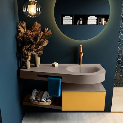 MONDIAZ RIVA 120cm badmeubel onderkast / planchet kleur Ocher met 1 lade. Wastafel DULCET rechts 1 kraangat kleur Smoke.