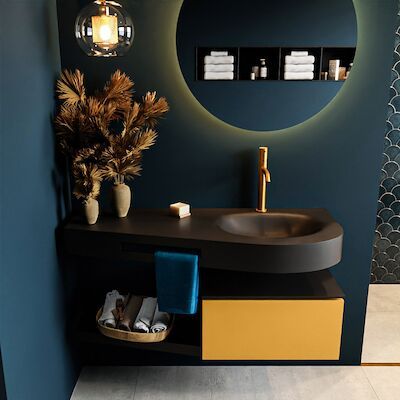 MONDIAZ RIVA 120cm badmeubel onderkast / planchet kleur Ocher met 1 lade. Wastafel DULCET rechts 1 kraangat kleur Urban.