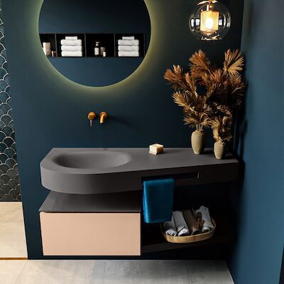 MONDIAZ RIVA 120cm badmeubel onderkast / planchet kleur Rosee met 1 lade. Wastafel DULCET links 0 kraangaten kleur Dark_Grey.