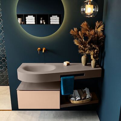 MONDIAZ RIVA 120cm badmeubel onderkast / planchet kleur Rosee met 1 lade. Wastafel DULCET links 0 kraangaten kleur Smoke.