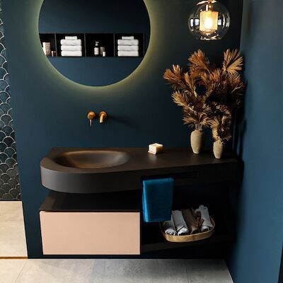 MONDIAZ RIVA 120cm badmeubel onderkast / planchet kleur Rosee met 1 lade. Wastafel DULCET links 0 kraangaten kleur Urban.