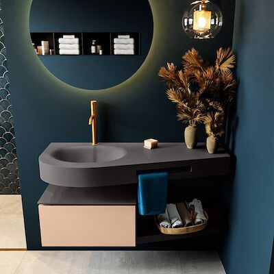MONDIAZ RIVA 120cm badmeubel onderkast / planchet kleur Rosee met 1 lade. Wastafel DULCET links 1 kraangat kleur Dark_Grey.