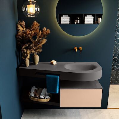 MONDIAZ RIVA 120cm badmeubel onderkast / planchet kleur Rosee met 1 lade. Wastafel DULCET rechts 0 kraangaten kleur Dark_Grey.
