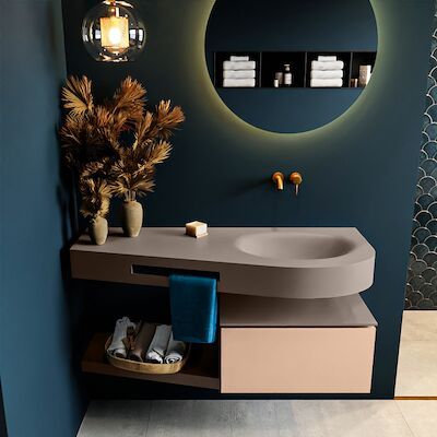 MONDIAZ RIVA 120cm badmeubel onderkast / planchet kleur Rosee met 1 lade. Wastafel DULCET rechts 0 kraangaten kleur Smoke.