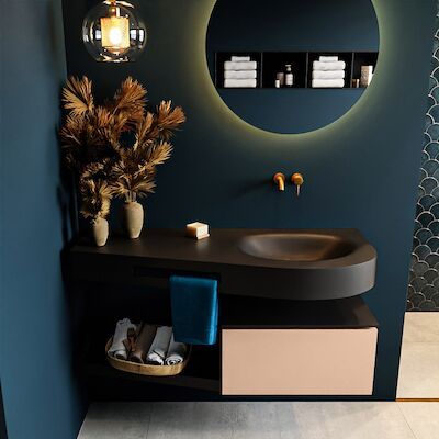 MONDIAZ RIVA 120cm badmeubel onderkast / planchet kleur Rosee met 1 lade. Wastafel DULCET rechts 0 kraangaten kleur Urban.