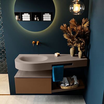 MONDIAZ RIVA 120cm badmeubel onderkast / planchet kleur Rust met 1 lade. Wastafel DULCET links 0 kraangaten kleur Smoke.