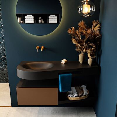MONDIAZ RIVA 120cm badmeubel onderkast / planchet kleur Rust met 1 lade. Wastafel DULCET links 0 kraangaten kleur Urban.