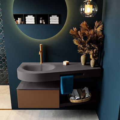 MONDIAZ RIVA 120cm badmeubel onderkast / planchet kleur Rust met 1 lade. Wastafel DULCET links 1 kraangat kleur Dark_Grey.